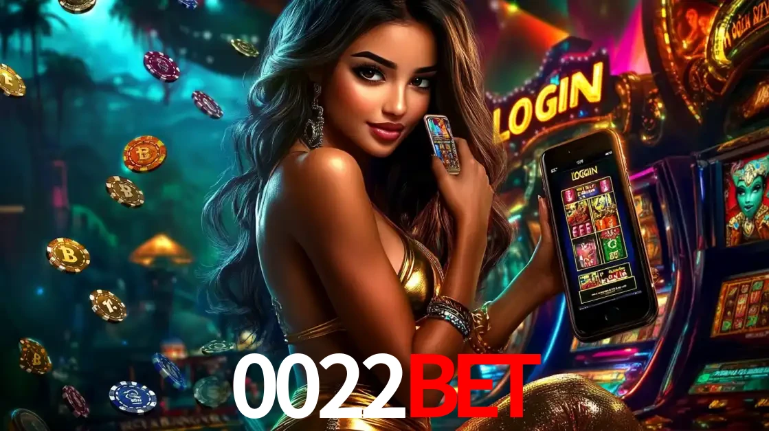 Mulher em um cenário de cassino temático de aventura, mostrando o app de caça-níqueis da 0022bet no celular. Fichas de apostas flutuam ao redor.