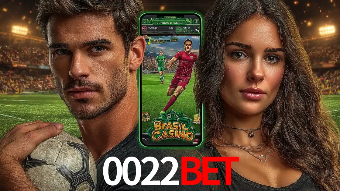 Homem segurando uma bola de futebol e uma mulher ao lado de um smartphone exibindo o jogo de apostas esportivas da 0022bet. Faça seu palpite no cassino online.